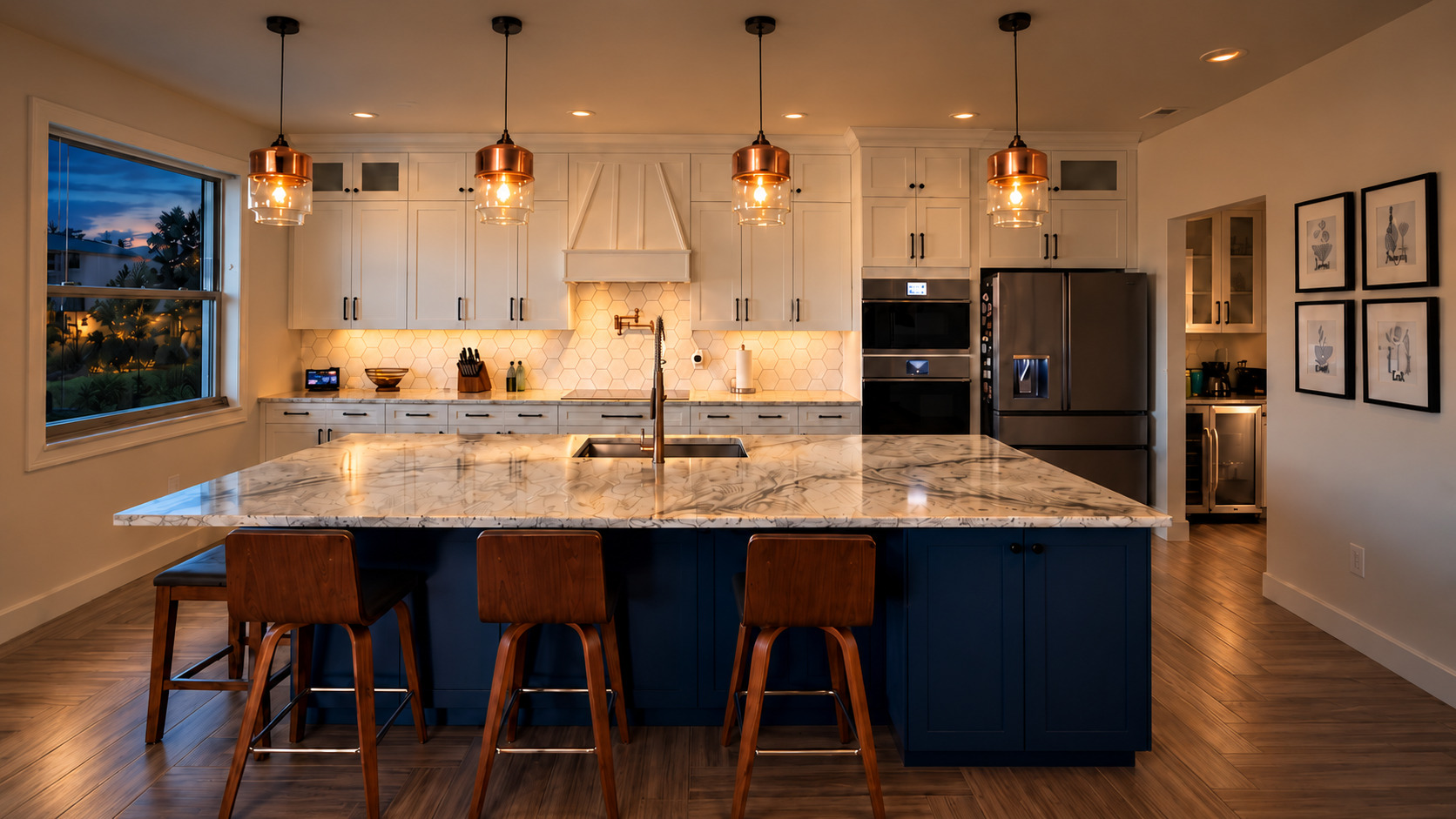 Warmly lit kitchen with white cabinetry, a blue island and copper pendant lights